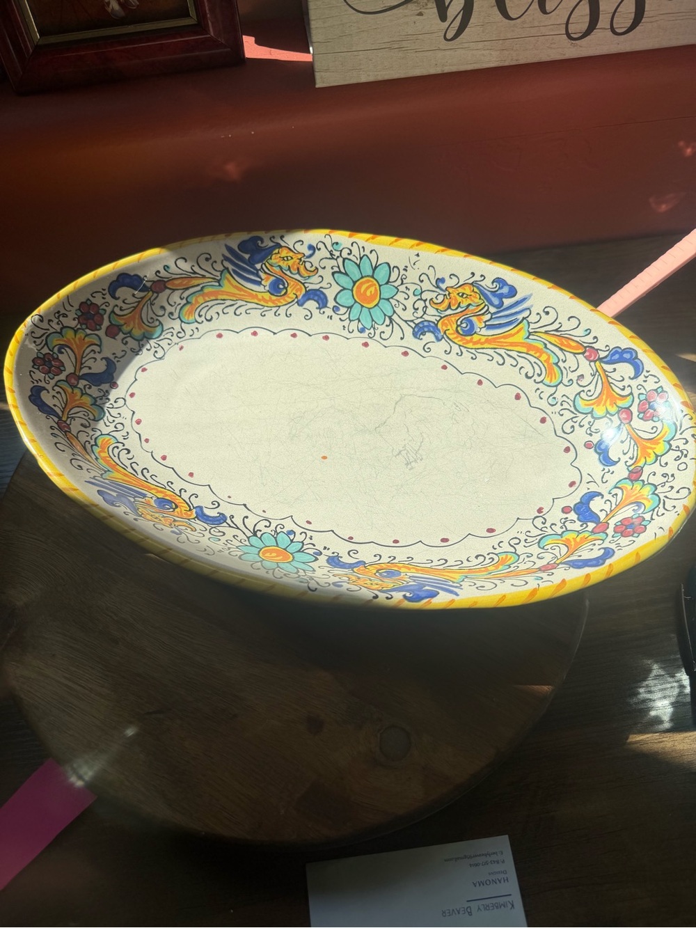 Hand-painted Italian ceramic oval platter with floral and bird motifs